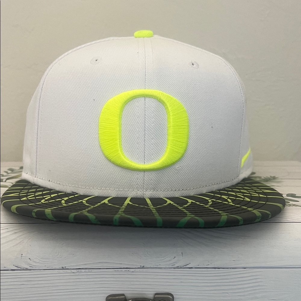 Nike White Snapback Hat with Neon Yellow 'O' Logo & Win the Day
